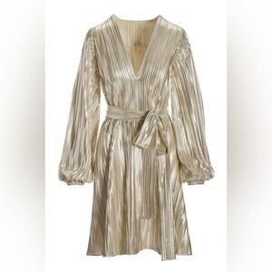 Boston Proper Metallic Pleated Long-Sleeve Dress Platinum Women’s size Medium